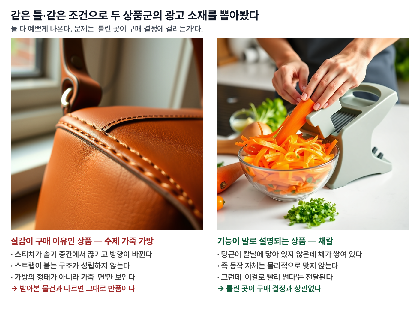 가죽 가방과 채칼 광고 소재를 같은 조건으로 생성해 비교한 실제 결과